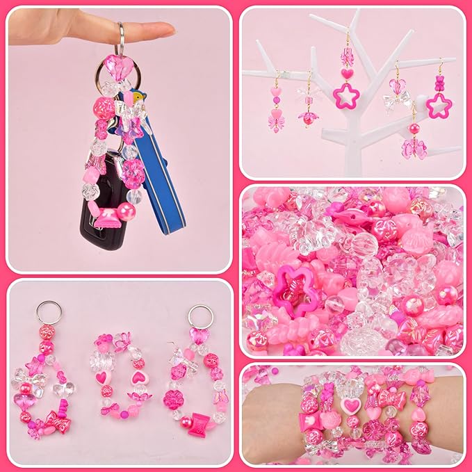 ABONDEVER 245-300Pcs Assorted Acrylic Beads for Bracelets Making Cute Star Bow Flower Candy Heart Gummy Bear Butterfly Beads for DIY Jewelry Crafts Keychain Necklace Phone Charms(Rose Pink)