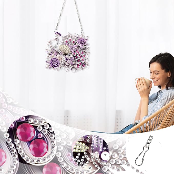 AiYuanzsh Luxury Peacock Special Shape Diamond Painting Hanging Ornament Kit for Adults, 5D Crystal Rhinestone Diamond Art Suncatcher with Floral Design for Window Wall Home Decor
