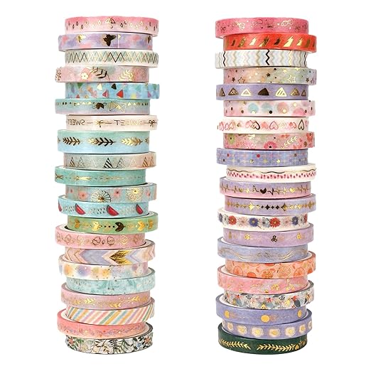 Washi Tape Set 42 Rolls Thin Washi Tape Self-Adhesive Gold Foil Patterns Tape Cute Scrapbook Paper Tape Decorative Tape for Scrapbook Journal DIY Craft Scrapbooking Journal Supplies Gift Wrapping