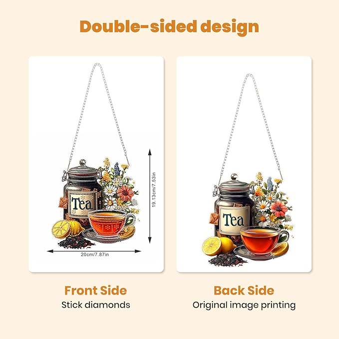 MXJSUA Tea Diamond Art Hanging Kits for Adults Beginners, Crystal Diamond Suncatchers, Special Shape Diamond Painting Pendant Window Ornament Gifts for Home Garden Door Wall Decor