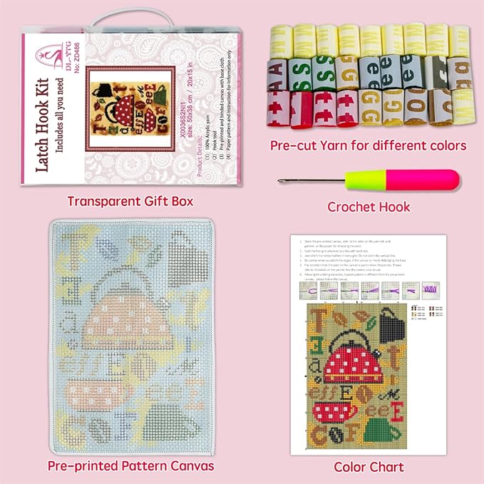 DL-YTG Latch Hook Kits Rug Coffee Crochet Yarn Cushion Colour Pre-Printed Canvas Cover Rug Needlework DIY Hook and Latch Kit Christmas Home Decoration 52x38cm/20 X15inch