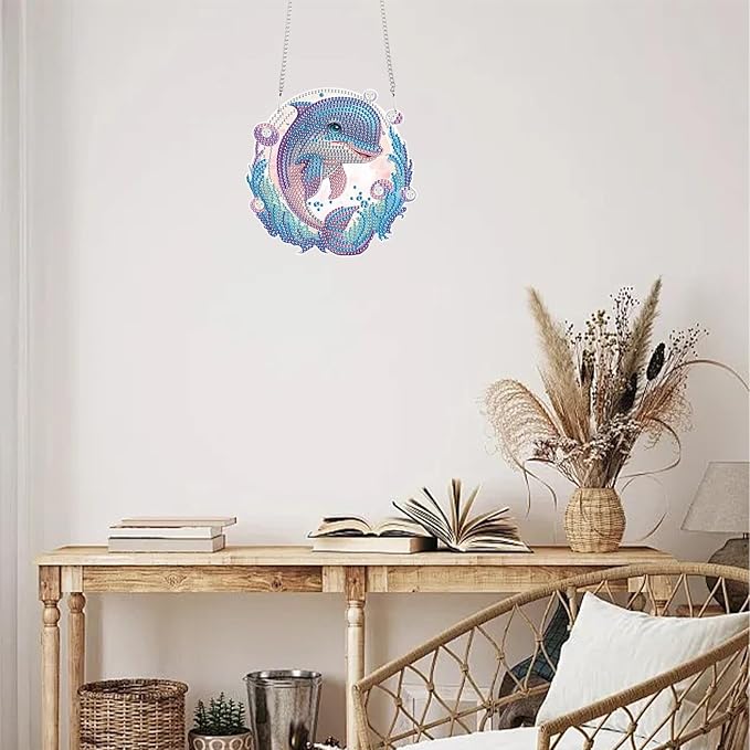 TDFERAN Diamond Painting Pendant Dolphin Mosaic Making Kits by Kits Home Decoration Pendant Diamond Peinture Hanging Diamant Painting Suncatcher Art Wind Chimes Hanging Pendants for Wall Home Decor