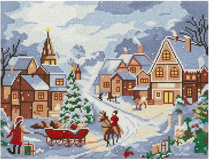Zhenqing Christmas Snow Village Printed Cross Stitch Kit - 11CT 38x48cm with Threads, Needle & Pattern, No Hoop Needed for Beginners(65685)