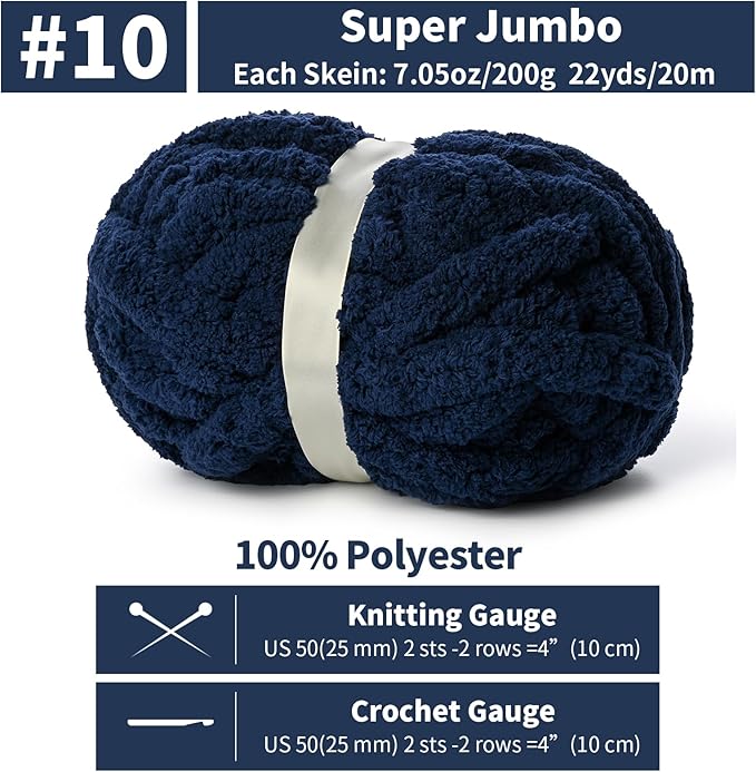 10 Pack Jumbo Chenille Yarn for Crocheting, #10 Super Bulky Baby Soft Yarn for Hand Knitting, 220 yds /70.5 oz Fluffy Chunky Knit Throw Blanket Yarn (Denim Blue)