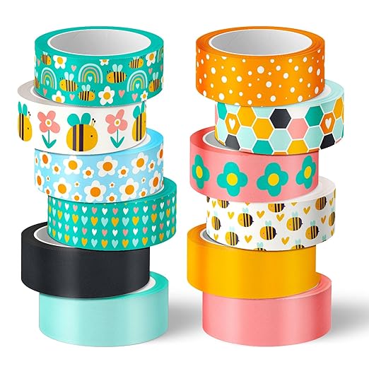 12 Rolls Boho Bee Washi Tape Back to School Honeycomb Heart Rainbow Flower Decorative Masking Tapes Set Cute Colorful Wrapping Paper Tape for Scrapbook Journal DIY Art Crafts