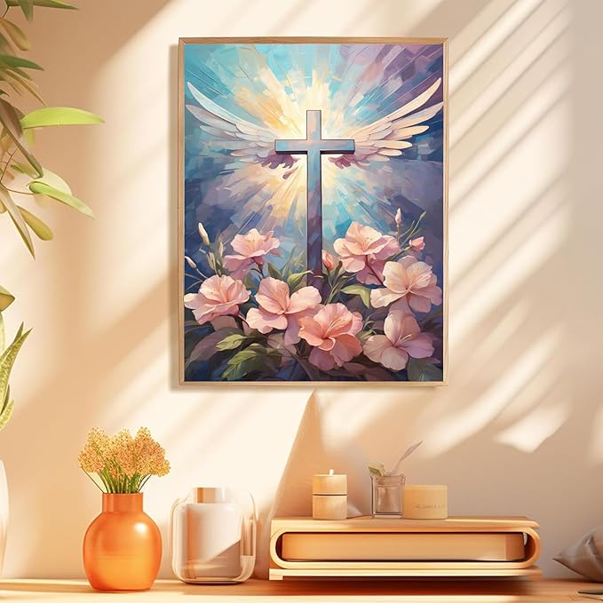 hkejoi Religious Paint by Numbers Kit for Adults Beginners, Adult Paint by Number Kits on Canvas Cross, Painting by Number DIY Acrylic for Gift Home Decor 16x20 in