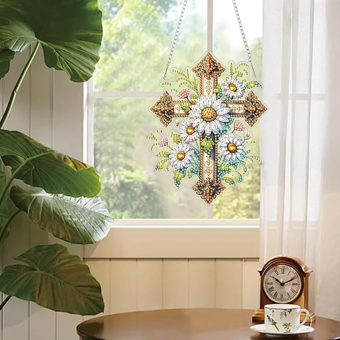 RYMILIE Diamond Art Hanging Kit for Adult,Special Shaped Rhinestone,Double Sided 5D DIY Acrylic Diamond Art Painting Window Pendants Home Garden Wall Hanging Kits Hanging Ornament (Cross)