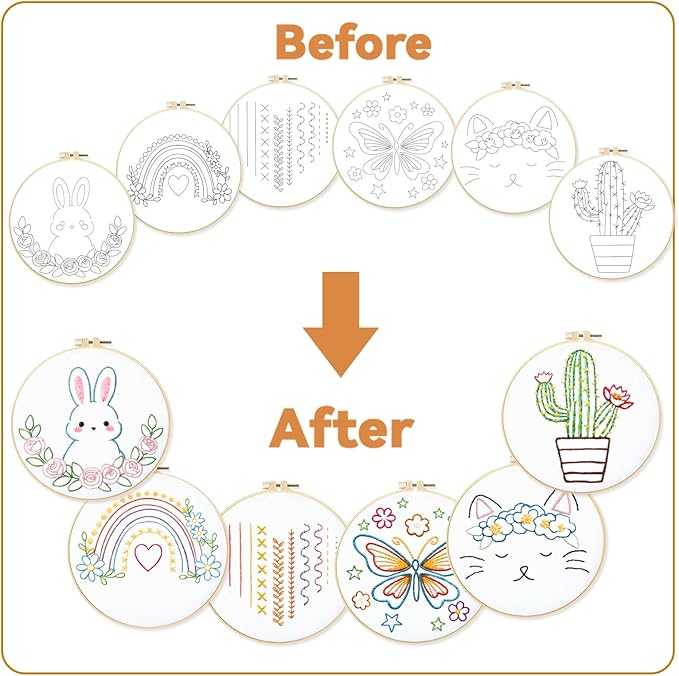 BEUNITONE Embroidery Kit with 6 Easy Patterns, Simple Cross Stitch Starter Set for Absolute Beginners, Cute Animal Rainbow Butterfly DIY Craft Activity