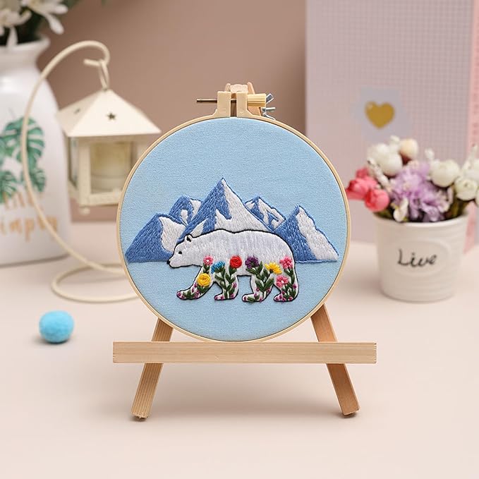 louise maelys embroidery kits for beginners,cross stitch kit for adults,diy needlepoint with glacial polar bear and flowers pattern