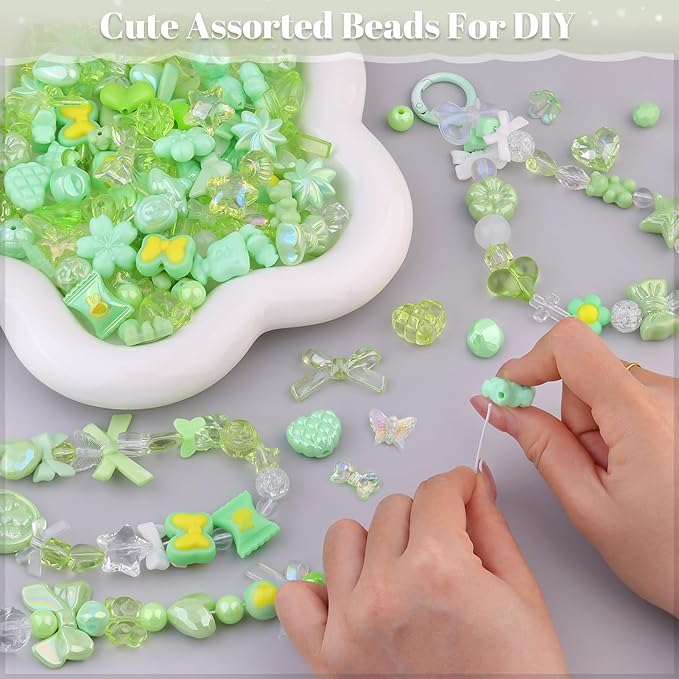 200-260PCS TINKRSTUFF Assorted Acrylic Beads Green Cute Beads for Bracelet Making, Bow Star Aesthetic Flower Butterfly GummyBear Kawaii Charms for Jewelry Necklace Making DIY Keychain Phone Charm