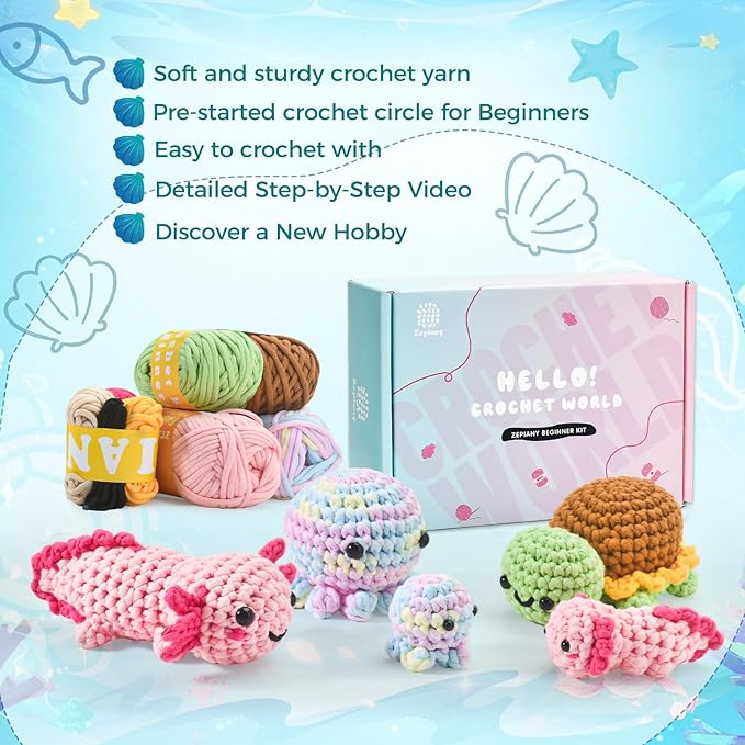 Crochet Kit for Beginners, 5 Pack Amigurumi Beginner Crochet Kits Animals, Crochet Turtle Axolotl Octopus Crocheting Kit, Easy Knitting Kit for Beginners with Step-by-Step Video Craft Kits for Adults