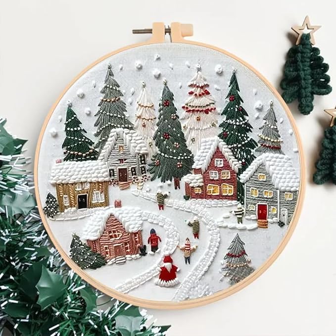 Huacan Embroidery Kits for Adults Beginner DIY Cross Stitch Stamped Christmas Tree Pattern Stitching Sewing Kit 1 Piece 7.8 x 7.8 Inch