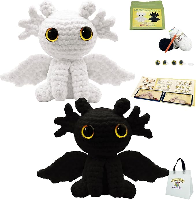 lunuafvy beginner crochet kit (9+ kids/adults) – 2 cute dragons, complete set, video guides, gift bag