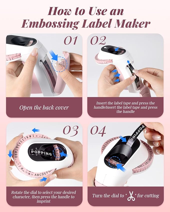 Phomemo Embossing Label Maker Machine, Scrapbook Junk Journal Supplies, Embossed Label Maker, 3D Retro Old School Embosser Labeler, Embossing Label Waterproof for Kid DIY Home School Office, Pink