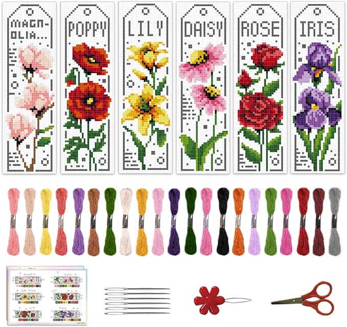 ACRNIGHEET 6PCS Cross Stitch Bookmark Kits for Beginner Flower Crossstitch Kits Adult Rose Daisy Lily Stamped Embroidery Bookmarks with Accessories for Adults Craft Gift 11CT