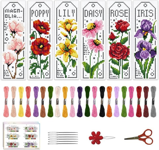 ACRNIGHEET 6PCS Cross Stitch Bookmark Kits for Beginner Flower Crossstitch Kits Adult Rose Daisy Lily Stamped Embroidery Bookmarks with Accessories for Adults Craft Gift 11CT