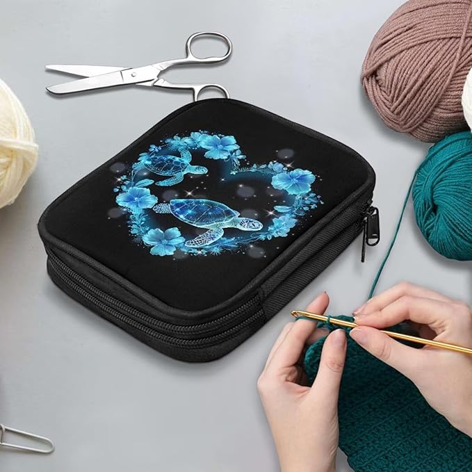 Hechitok Turtle Floral Crochet Hook Case Zipper Storage Organizer Bag with Pockets for Various Crochet Needles/Knitting Accessories/Crochet Hook Kit Tools