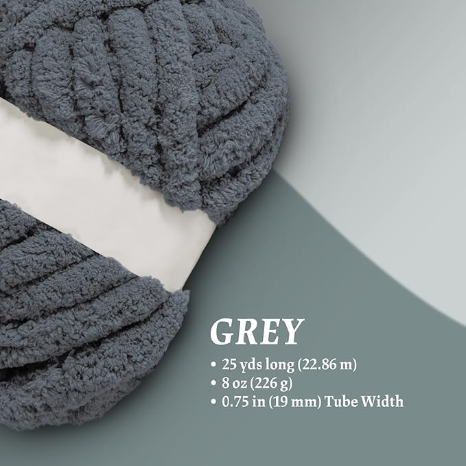 Super Soft Chunky Chenille Yarn – 8 Skeins × 8 oz (25 Yards Each) Jumbo Bulky Yarn for Crochet & Hand Knitting Blankets, Sweaters, Cushions, DIY Projects (Grey)