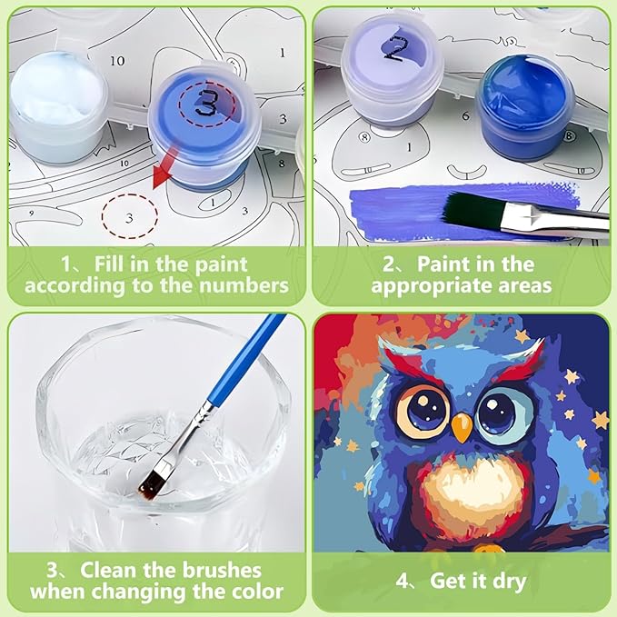 Reivworl Paint by Numbers Kit for Kids with Frame and Easel, Owl Paint by Number for Kids Age 6-8-12, Acrylic Paint by Numbers for Gifts and Home Decor (8X8inch)