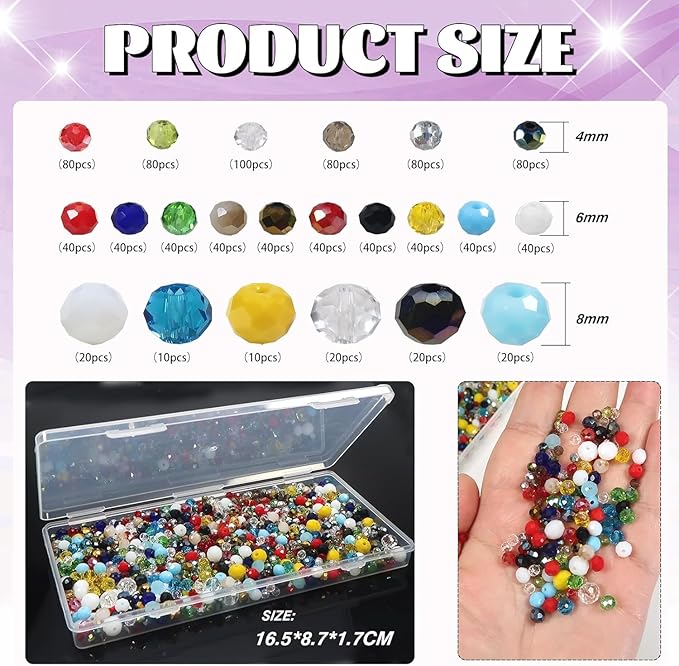 1000 Pcs Rondelle Faceted Glass Beads Crystal Glass Beads for Jewelry Making 4/6/8mm Faceted Briolette Rondelle Bead with Container for Earrings,Necklaces,DIY Beading Projects (Mix)