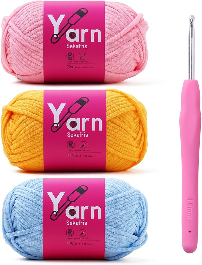 Crochet Yarn with Cotton - Chunky Yarn for Crocheting - Easy-to-See Stitches - Golden Yellow, Pink, Pale Blue