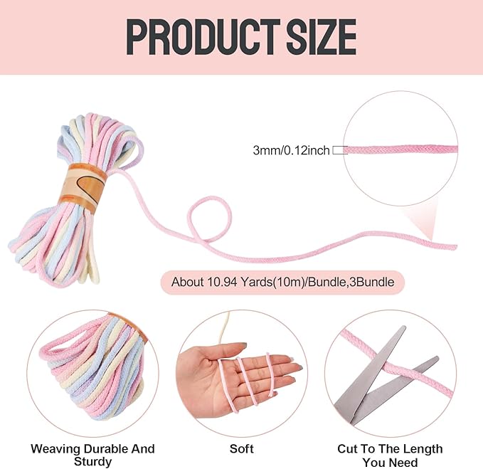 98.46 Feet Pink 3-3.5mm Macrame Cord Twisted Soft Macrame Rope Segment Dyed Decorative Cord Sewing Twine Craft Thread for DIY Crafts Knitting Plant Hangers Christmas Wedding Decoration