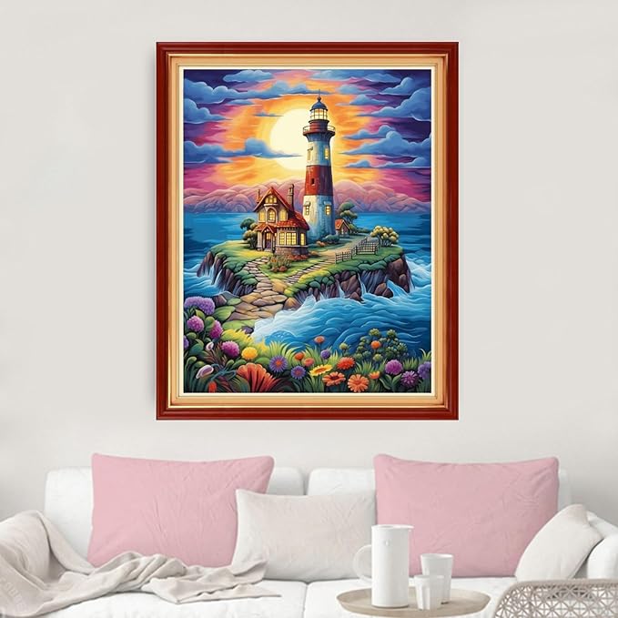 dimxvean stamped cross stitch kits,cross stitch kits for adults beginners,embroidery kits full range of cross stitch stamped kits needlepoint kits cross stitch patterns-seaside lighthouse 16x20 inch