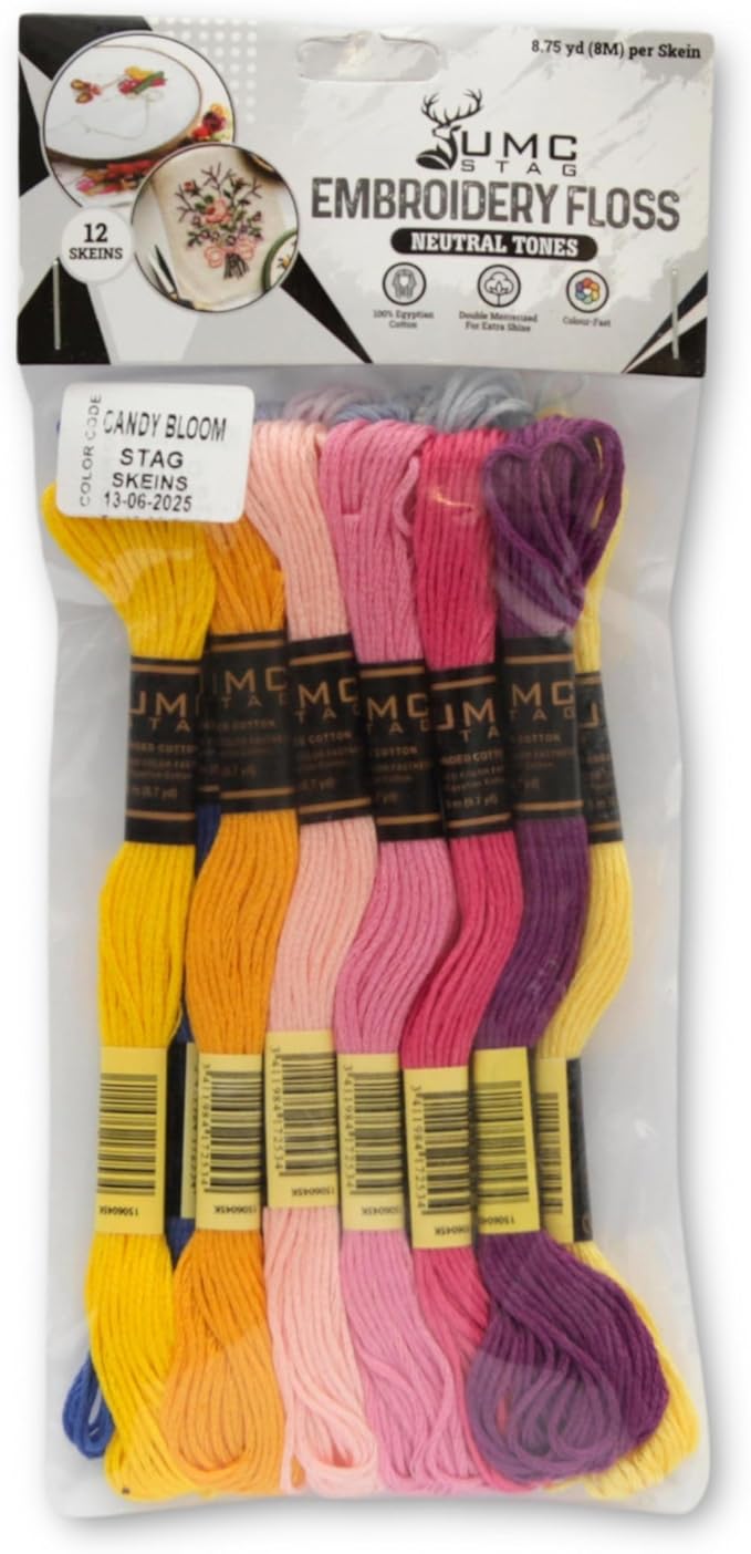 Pack of 12 Popular Colours Premium Embroidery Thread | 100% Egyptian Cotton Premium Skeins | Cross Stitch Embroidery Floss | Oeko TEX Certified| (12, Candy Bloom)