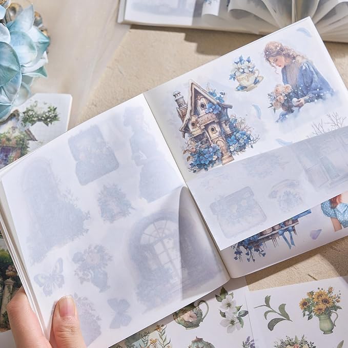 Garden Junk Journal Stickers, 50 Sheets Washi Journaling Sticker Book, Scrapbook Supplies, Watercolor Scrapbooking for Adults, Blue Decorative Ephemera Arts Craft