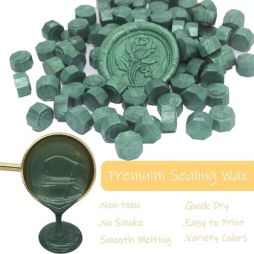 Wax Seal Beads Kit - 300pcs Pine Green Sealing Wax Beads with Wood Melting Warmer, Spoon & 10 Mini Candles for Stamp Seals, Wedding Invitation, Envelope, Cards, Gift Wrapping Decorations