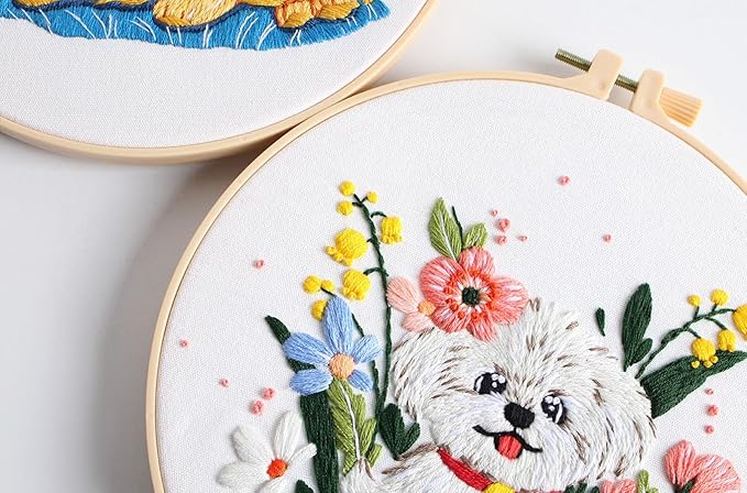 konrisa 3 pcs dog flower embroidery kits for beginners, needlepoint cross stitch kits with pattern, diy sewing practice kit, include 1pcs hoop