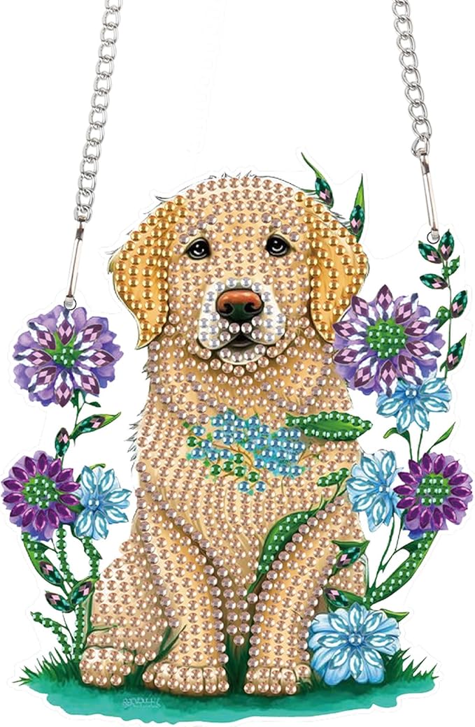AiYuanzsh Golden Retriever Dog Diamond Art Painting Hanging Pendant Kit Animal Special Shaped Diamond Dots Art Acrylic Ornaments Diamond Art Pendant for Adult Home Wall Window Decor Gift
