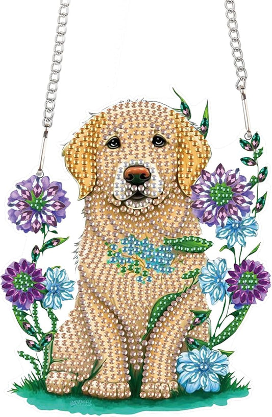AiYuanzsh Golden Retriever Dog Diamond Art Painting Hanging Pendant Kit Animal Special Shaped Diamond Dots Art Acrylic Ornaments Diamond Art Pendant for Adult Home Wall Window Decor Gift