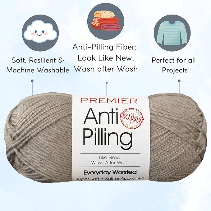 Premier Yarns Everyday Anti-Pilling Solid Chinchilla DN100-52 (3-Skeins - Same Dye Lot) #4 Worsted Weight Acrylic Yarn for Crocheting and Knitting with Project Bag