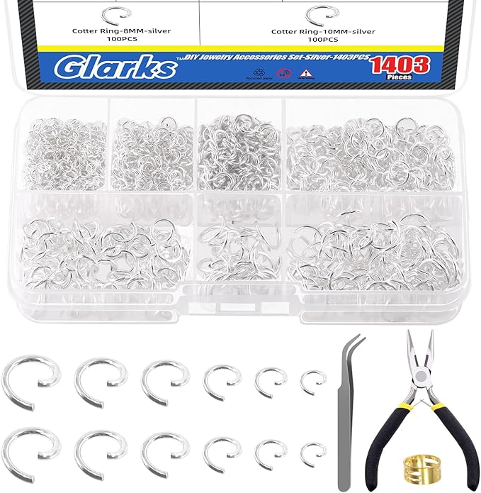 Glarks 1403Pcs 10mm 5mm 4mm 7mm 8mm Open Jump Rings Kit, Iron Round Ring Connectors Nickel Free Sliver O Rings for Jewelry Making Connectors and Necklace Repair