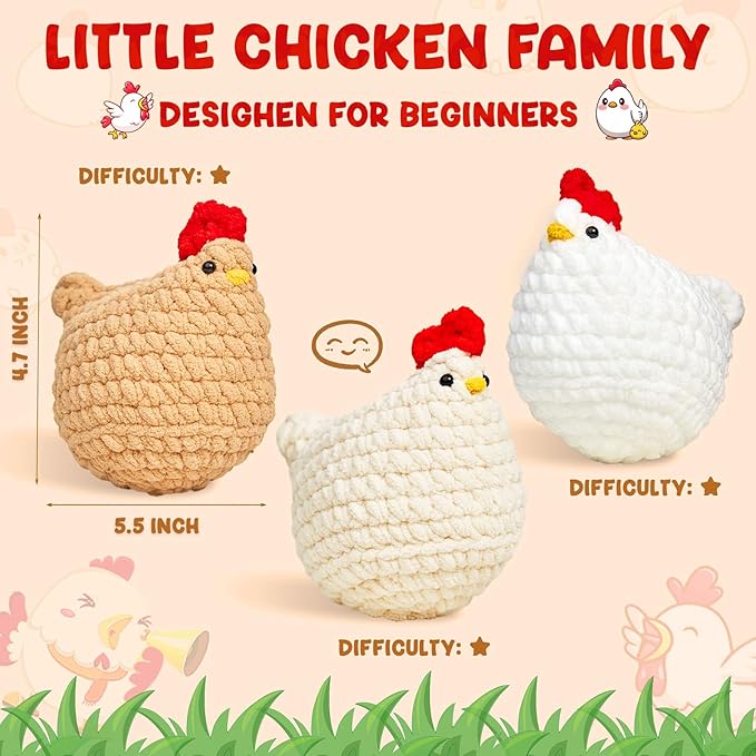 MAGIMUSE Crochet Kit for Beginners, Crochet Starter Kits for Adults Amigurumi Craft Knitting Crochet Animals Kits with Step-by-Step Video Tutorials, 3 Pcs Chicken (40%+ Yarn)