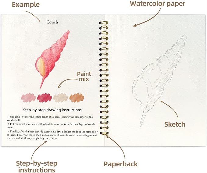 Watercolor Workbook, Water Coloring Book, 12 Different Patterns of Original DIY Designs, 18 Colors Watercolor Paint Set, Beginner-Friendly Watercolor Workbooks(Marine organisms)