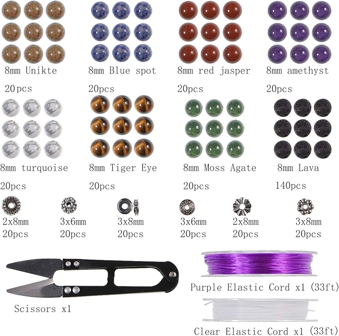 LPBeads Natural Stone Beads Box Set Kits 8mm Round Loose Gemstone Natural Amethyst Lave Stone Assorted Color with Accessories Tools for Bracelet Jewelry Making
