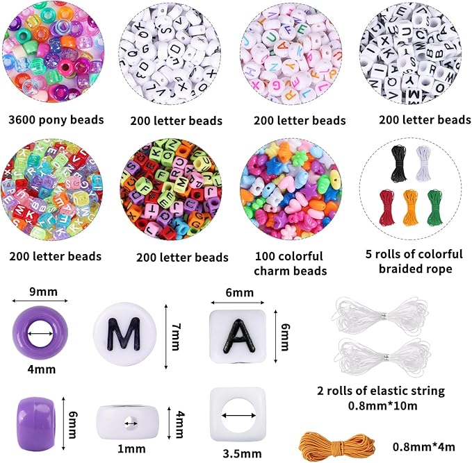 QUEFE 4700pcs, 72 Colors Pony Beads Rainbow Kandi for Bracelets Making Kit, 3600pcs 9mm Plastic and 1000pcs Letter Beads, Alphabet for Jewelry Making With Elastic Threads
