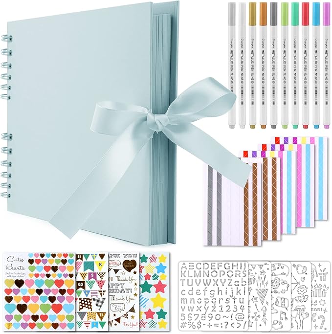 Gotideal 80 Pages Scrapbook Album with 10 Metallic Markers, Craft Paper Photo Album for Wedding and Anniversary, Family DIY Scrapbook Accessories with Scrapbooking Stickers Corners(BLUE)
