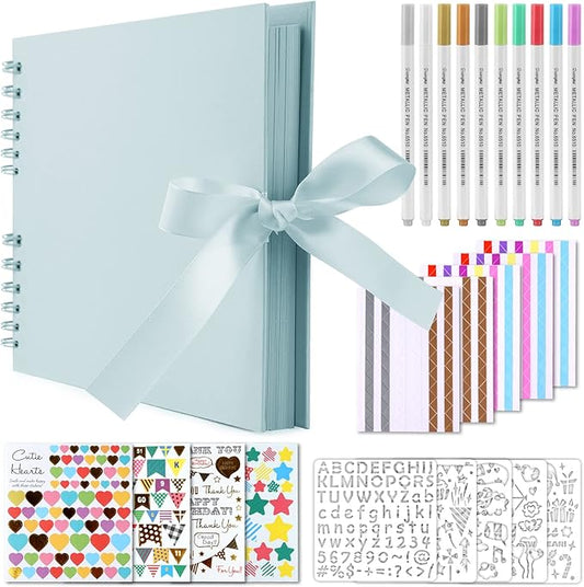 Gotideal 80 Pages Scrapbook Album with 10 Metallic Markers, Craft Paper Photo Album for Wedding and Anniversary, Family DIY Scrapbook Accessories with Scrapbooking Stickers Corners(BLUE)