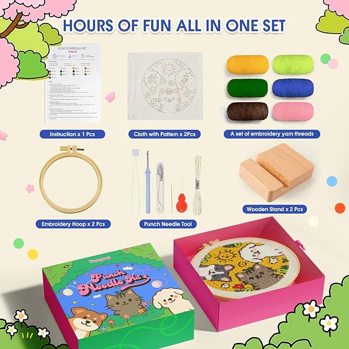 yuegool 2PCS Punch Needle Decoration Kit,Easy DIY Punch Needle Embroidery Kit for Beginners Adults Including Patterns, Tools, Yarns, Hoop, Instruction, Bracket Art Craft Supplies