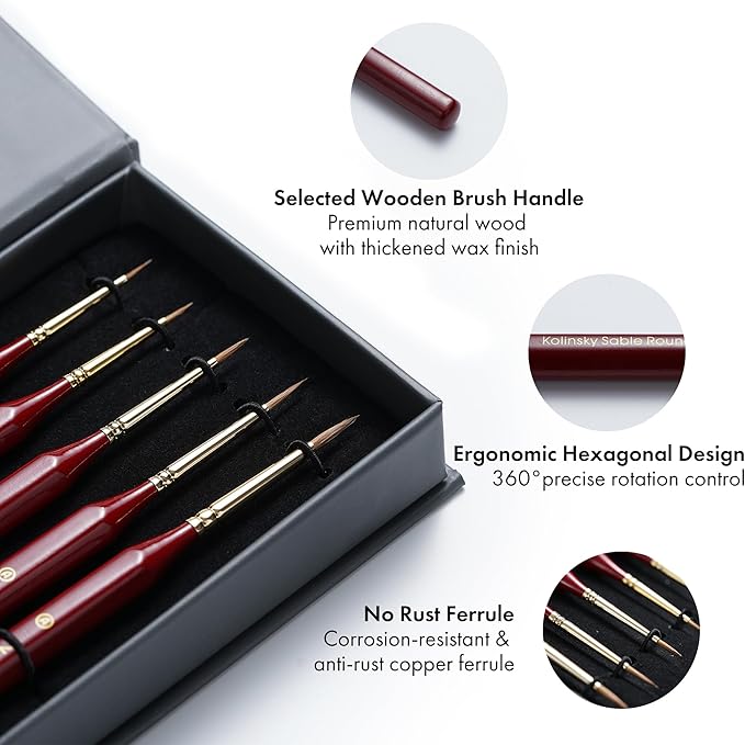 Artify Detail Paint Brushes, 100% Kolinsky Sable Micro Paint Brushes - Master Series, Ultra Fine Tips Paint Brush Set, High Precision for Models/Crafts, Detailing for Watercolor, Gouache & Ink (Red)