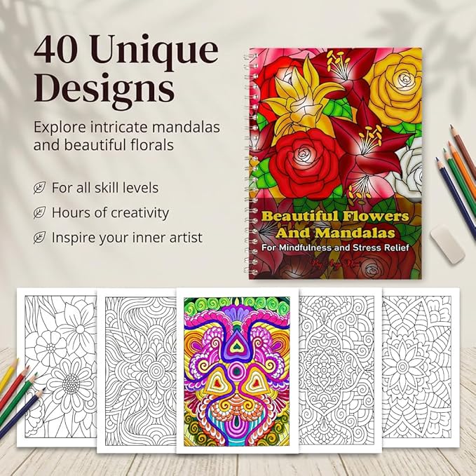 Adult Coloring Book for Women - Mandala and Flowers Designs - Stress Relief & Relaxation – Thick Paper Perforated Pages, Large A4 Format (40 Designs)