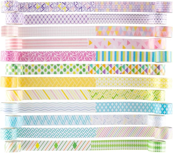 YUBBAEX 24 Rolls Washi Tape Set Basic Skinny Masking Decorative Tapes for Arts, DIY Crafts, Journals, Planners, Scrapbooking, Wrapping (Mini Graphics)