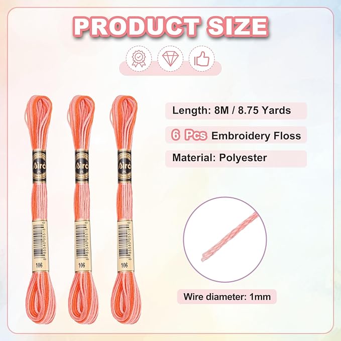 PATIKIL 6 Skeins Embroidery Floss, Polyester Embroidery Threads Bracelets String for Cross-Stitch Hand Embroidery, Orange Red