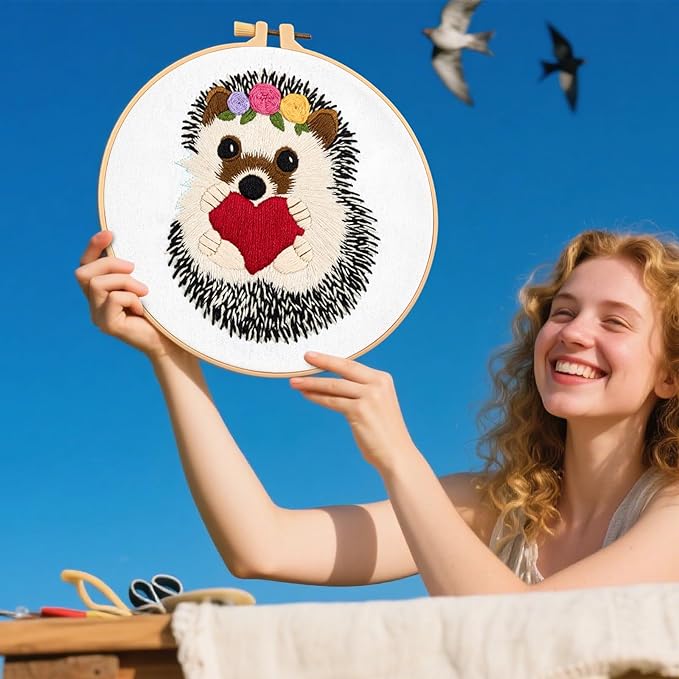 Cute Hedgehog Embroidery Kits for Beginners Adults, Animals Embroidery Starter Kits, Counted Cross Stitch Kits for Beginners DIY Craft Kits for Adults Women, Embroidery Hoops, Thread & Video Tutorial