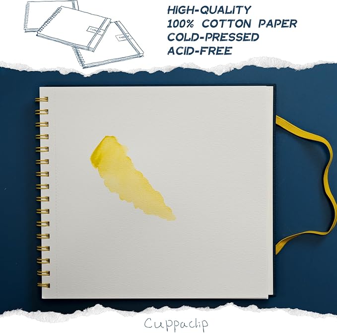 CuppaClip Watercolor Paper 9"x8.5" 300GSM 140LB Spiral Bound Cotton Water Color Pad Cold Press Inner Pocket Art Supplies (Blue)