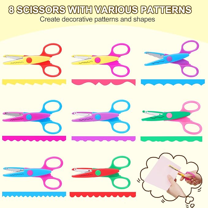 UCEC Craft Scissors Decorative Edge, ABS Resin Scrapbook Scissors with 8 Pattern, Safe Smoothly Cutting, Set of 8, Funny&Colorful