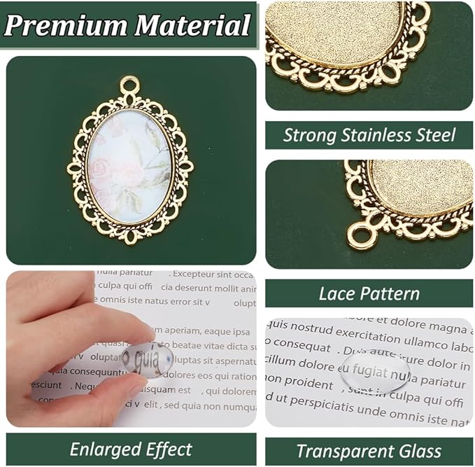 PH PandaHall 60pcs Gold Pendant Trays Kit, 30pcs Oval Blank Bezel Pendant Trays Base, 30pcs 25x18mm Glass Cabochon Dome Tiles for Bridal Wedding Bouquet Graduation Photo Charm Making DIY